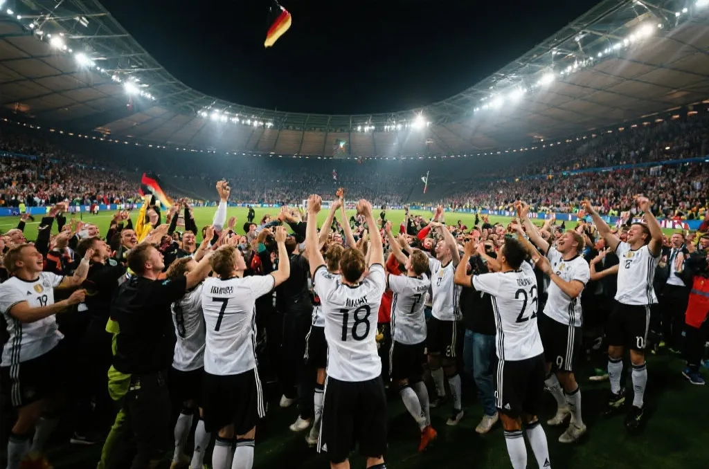 德国队庆祝进球的瞬间,观众与灯光形成强烈对比