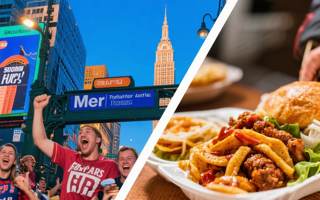 手机竖屏拍摄的短视频画面拼贴：球迷表情、街头美食、城市地标、地铁指引，明亮高对比、现代视觉