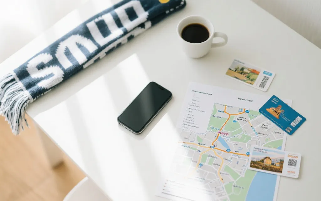 球迷在比赛日清晨查看地图与交通线路，咖啡与门票放在桌上