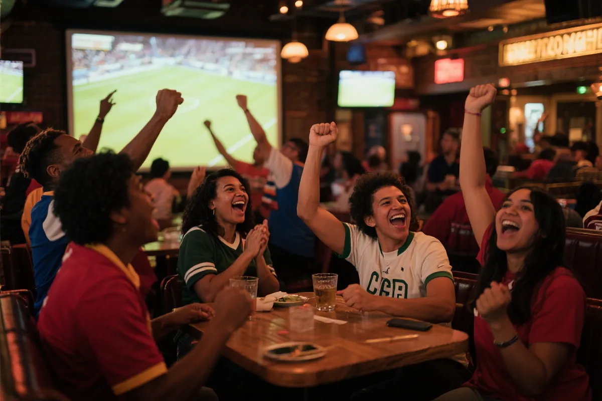 达拉斯酒吧内世界杯观赛场景，人群举杯与大屏幕