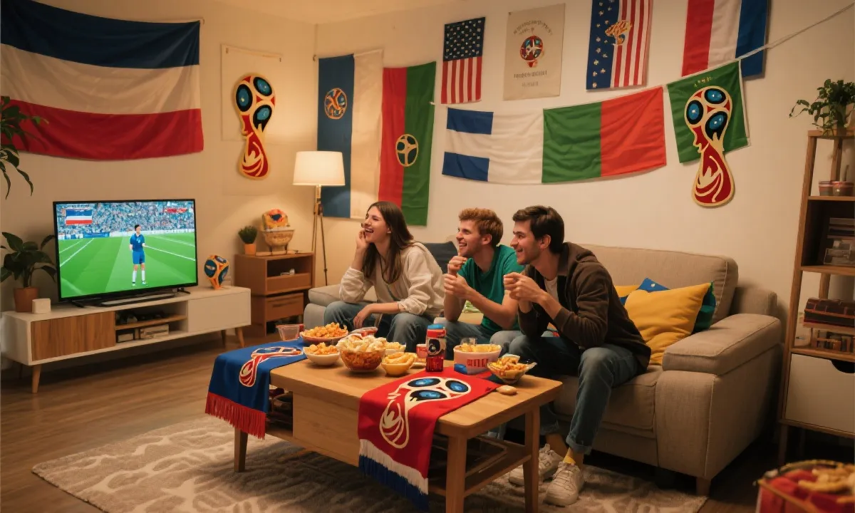 围绕世界杯主题布置的客厅和相关周边产品展示